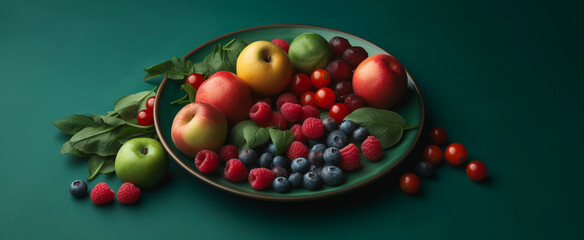 green plate with a variety of fruits on a green background
