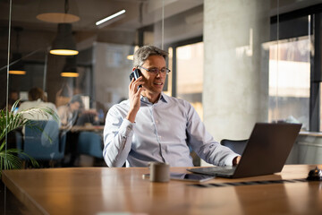 Businessman in office. Handsome man using the phone at work