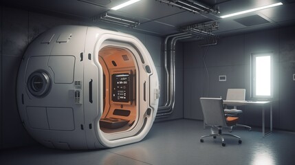 Obraz premium Space capsule medical room. Clean hibernation chamber. Cryonics laboratory empty interior with equipment and technics. Generative AI
