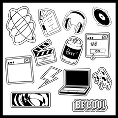 Monotone object stickers collection isolated on white background Vector illustration