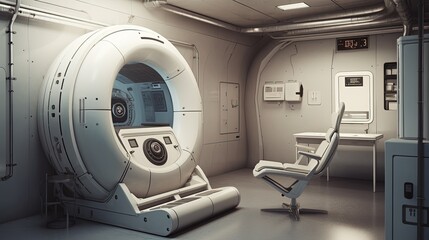 Space capsule medical room. Clean hibernation chamber. Cryonics laboratory empty interior with equipment and technics. Generative AI