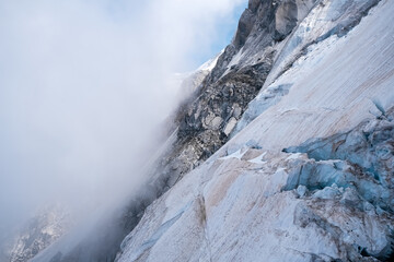 Rugged and dangerous mountain peaks high in the Alps losing their glaciers.