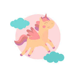 Beautiful happy unicorn on clouds illustration, vector, card and shirt design