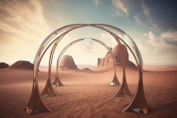 Surreal desert landscape with metallic stand and arches. 3D render. Generative AI