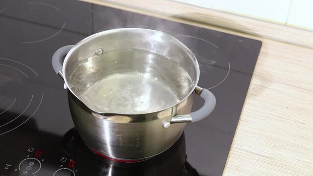 Stationary video of transparent boiling water in stainless steel pot without lid, with steam vapor on black inductive stove panel. Soup preparation, easy cooking at home. Modern kitchenware tools