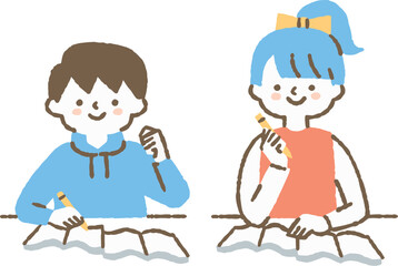 一緒に勉強をしている姉弟_色