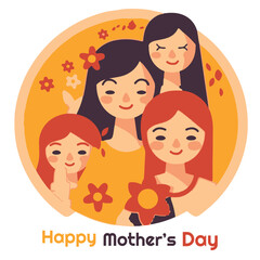 vector flat mother and three girl and flower with orange background isolated on white. happy mother's day celebrate