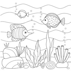 Kids coloring book with underwater world of fish algae. Black outline sketch with simple shapes.
