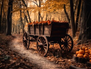 Fototapeta na wymiar A wagon filled with pumpkins on a path in the woods. AI generative image.