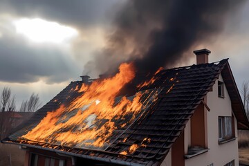 Photovoltaic system in a burning family house. Major challenge to put out the fire. Generative Ai t Generative Ai