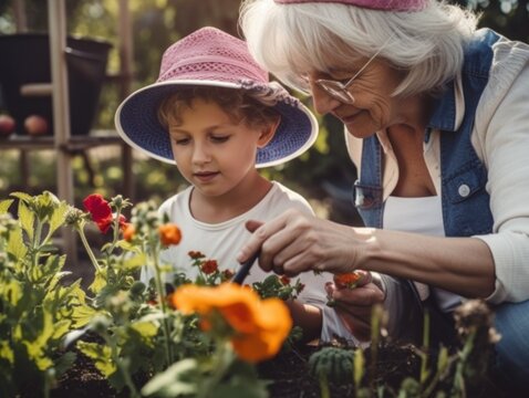 An Older Woman And A Young Child In A Garden. AI Generative Image.