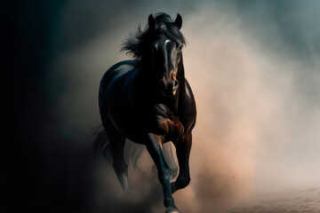 Obraz na płótnie Canvas Black stallion run on desert dust against dramatic background.AI generated.