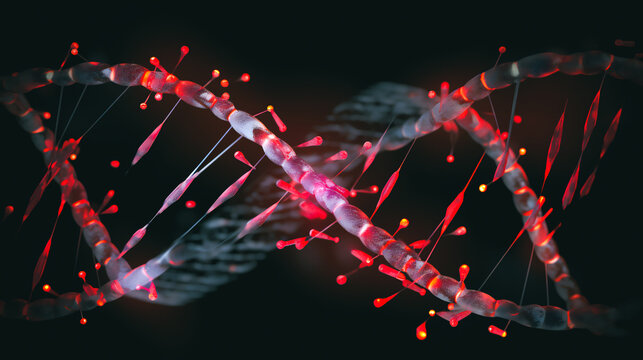 A DNA Strand Is Illuminated, And The Location Of The DNA Methylation Markers That Are Linked To Schizophrenia In Newborns Are Highlighted In Red Generative AI