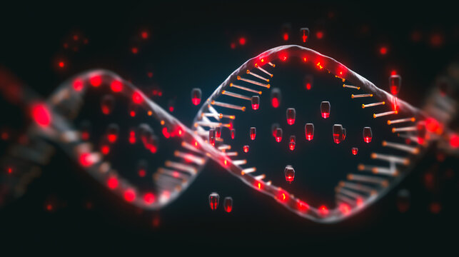 A DNA Strand Is Illuminated, And The Location Of The DNA Methylation Markers That Are Linked To Schizophrenia In Newborns Are Highlighted In Red Generative AI