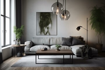 Stylish living room with gray sofa, coffee table, plant, hanger, lamp, accessories, and loft-industrial detail. Includes moc up poster and template. Generative AI