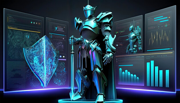 A Cyborg Holding a Futuristic Sword with Holographic Virtual Screen on Dark Background. Generative AI.