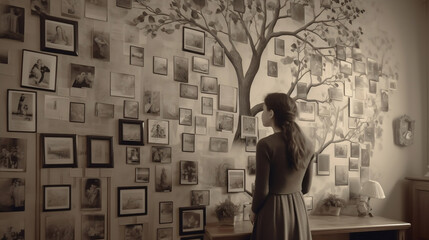 Family tree concept, dna, genes, ancestors. A woman hangs old photographs of her family on the wall. AI generated - obrazy, fototapety, plakaty