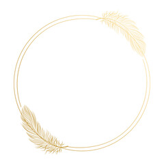 Golden luxury frame with bird feathers isolated on white background. Design for invitations, cards, vector - obrazy, fototapety, plakaty
