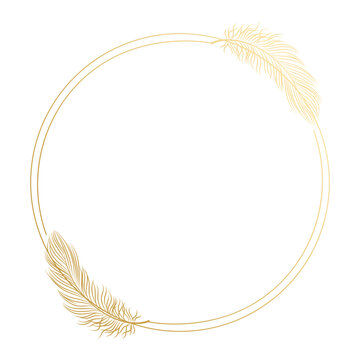 Golden luxury frame with bird feathers isolated on white background. Design for invitations, cards, vector