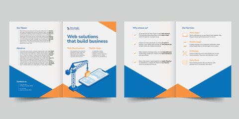 Web And Mobile App Development bifold brochure template. A clean, modern, and high-quality design bifold brochure vector design. Editable and customize template brochure