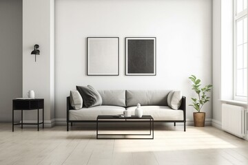 Contemporary living room with blank wall art for product display, promotional backdrops, or mockups. Features a counter. Generative AI