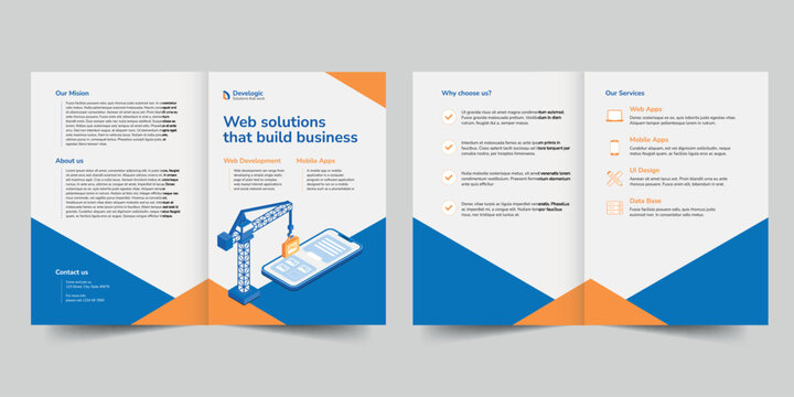 Web And Mobile App Development bifold brochure template. A clean, modern, and high-quality design bifold brochure vector design. Editable and customize template brochure