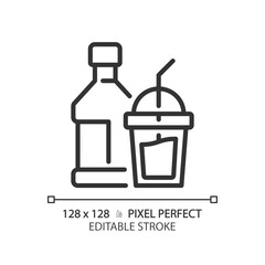 Beverage pixel perfect linear icon. Soft drink. Glass bottle. Cocktail party. Restaurant menu. Product category. Thin line illustration. Contour symbol. Vector outline drawing. Editable stroke