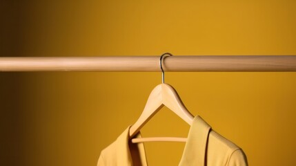 Light clothes on wooden hangers on yellow. fashion background. Generative AI 