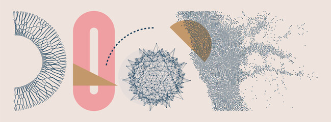 Art composition with geometric forms. Virus particle. Medical illustration. Sphere. Chaotic concentration and dispersion of small particles. Cover design template for brochure, poster or banner.