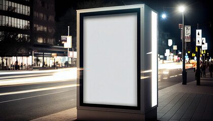 Vertical blank white billboard at bus stop on city street. Mock up billboard for advertising, promotion and marketing of products. Generative ai.