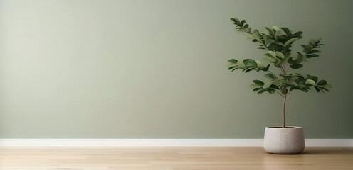 Fototapeta na wymiar Blank sage green wall in house with green tropical tree in white modern design pot, baseboard on wooden parquet in sunlight for luxury interior design. Generative ai.