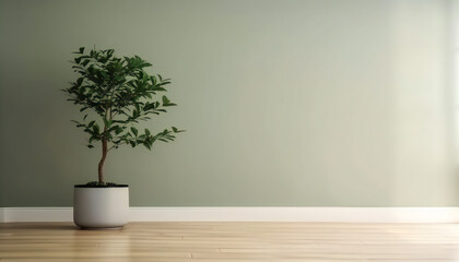Blank sage green wall in house with green tropical tree in white modern design pot, baseboard on wooden parquet in sunlight for luxury interior design. Generative ai.