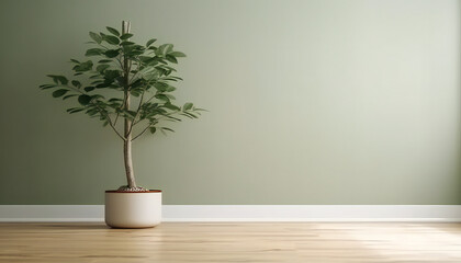 Blank sage green wall in house with green tropical tree in white modern design pot, baseboard on wooden parquet in sunlight for luxury interior design. Generative ai.