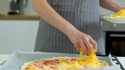 Woman cooking homemade pizza for her family