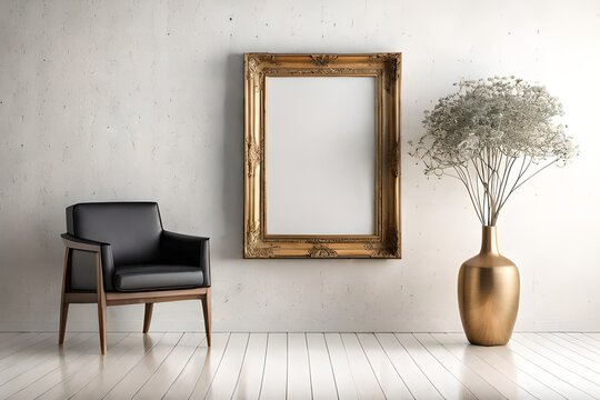 Wooden frame, armchair on white wall and vase with dry gypsophila