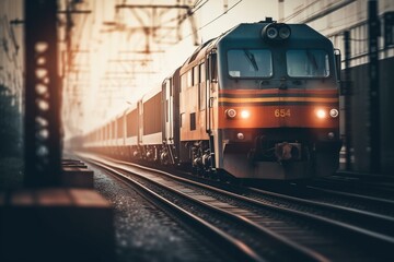 Naklejka na ściany i meble A hazy photo of a fast train on tracks. Generative AI