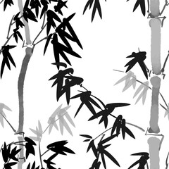 Bamboo ink wash vector seamless pattern. Floral nature monochrome illustration. Oriental traditional painting of exotic grass. Zen garden design. Black plants on white background. Lucky wallpaper. - 597416380
