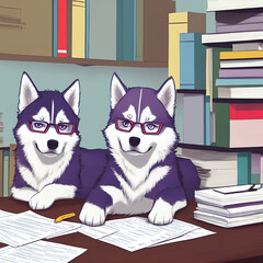 Two huskies wearing glasses working over paperwork at a messy workspace, anime cartoon style, created with Generative AI technology