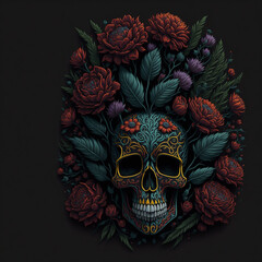 Colorful Mexican skull in flowers, Cinco de Mayo, created with Generative AI technology