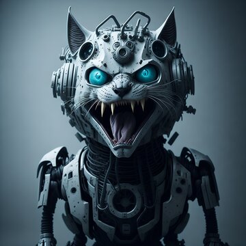 Crazy white robot cat with frightening face, created with Generative AI technology