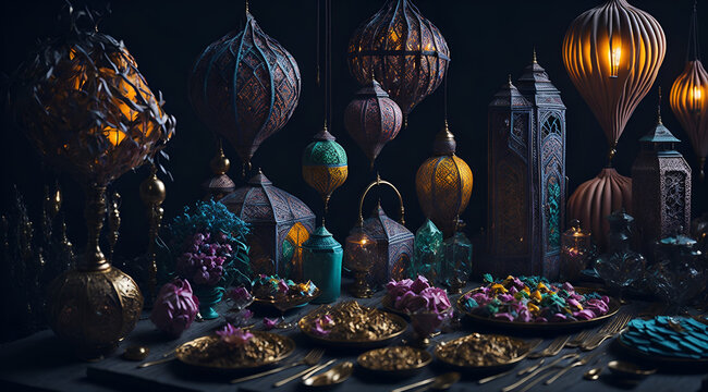 Dreamy Ramadan feast table, bright vibrant colors, created with Generative AI technology