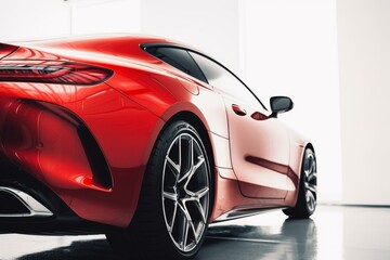 Red luxury car's back against white background. Generative AI