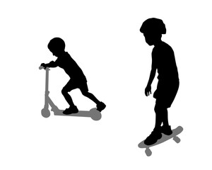 Boy on the scooter and boy on the skateboard illustration,concept vector