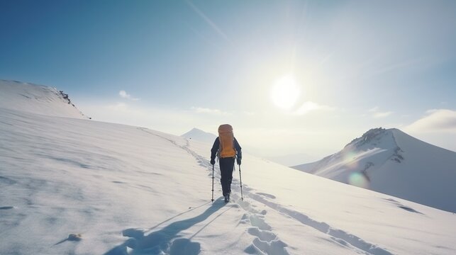 Explorer stand in front of high mountain peak winter snowy landscape. Generative AI