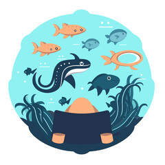 marine aquarium, aquatic reserve, ocean life, cartoon vector illustration. label, sticker, t-shirt printing