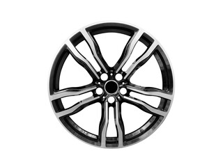 Obraz premium Car alloy wheel isolated on white background. New alloy wheel for a car on a white background. Alloy rim isolated. Car wheel disc.