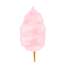 Cotton candy on stick. Sweet dessert from the fair and children party. Pink candyfloss. Flat cartoon