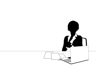 News anchor presenter or business person seated at a desk with laptop in silhouette