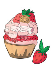 Sandy basket with cream and strawberries. Berry dessert.