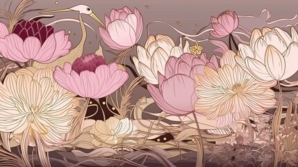Obraz premium Colorful and luxury landscape with oriental flowers and birds. Pink tones. Generative AI